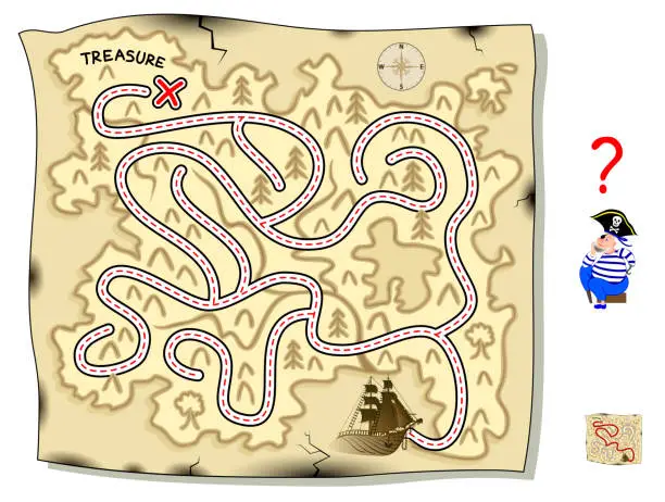 Vector illustration of Logic puzzle game with labyrinth for children and adults. Help pirate find way on the treasure island map till the buried gold. Printable worksheet for kids brain teaser book. IQ test. Vector image.