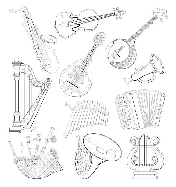 Vector illustration of Set of different wind and stringed musical instruments. Black and white page for coloring book. Printable worksheet for children school textbook. Hand-drawn vector image.