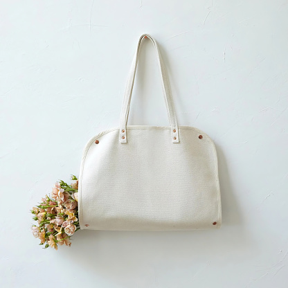 white textile woman shop bag with spring bouqet flowers isolated on white