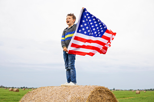 Joyful young boy standing on a hay bale, triumphantly waving the American flag with a clear sky in the background.