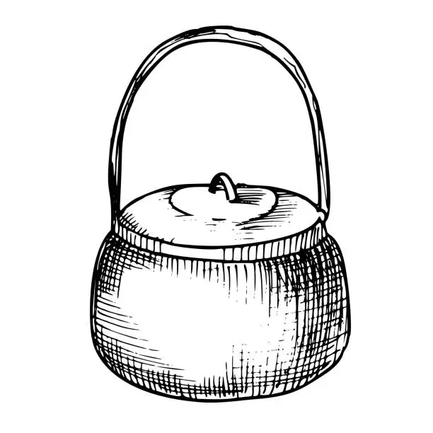 Vector illustration of Camping Pot vector illustration. Hand drawn sketch of touristic Cauldron for travel or hiking in a forest painted by black inks. Drawing of metal equipment for camp cooking in expedition. Line art