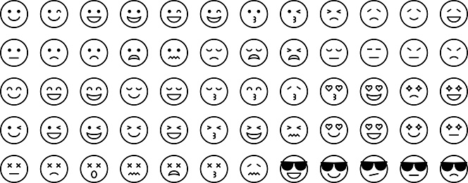 Vector set of various facial expressions of joy, anger, sorrow, and pleasure
