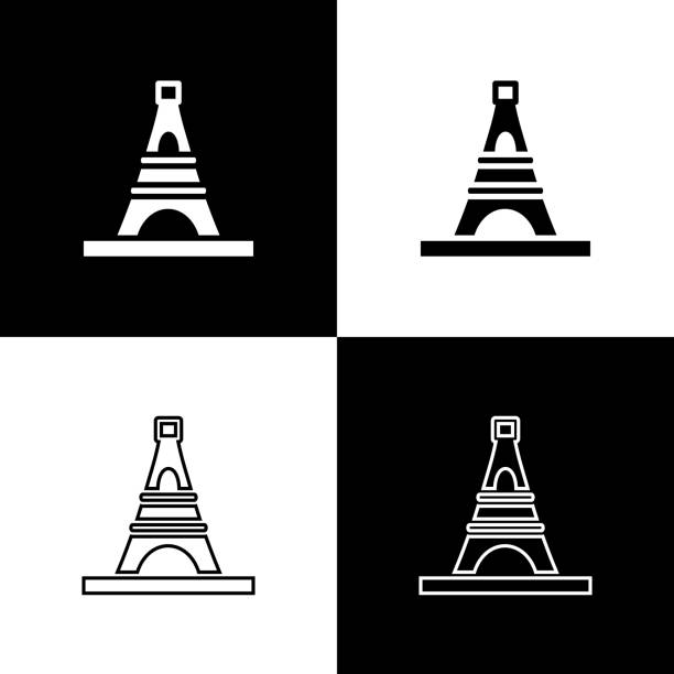 set eiffel tower icon isolated on black and white background. france paris landmark symbol. vector - eiffel tower black and white paris france construction stock-grafiken, -clipart, -cartoons und -symbole