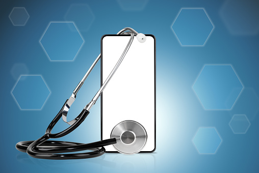 Medicine-themed background with phone, stethoscope, hologram.