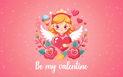 Be My Valentine Background with Cupid Girl Clipart, Heart and Floral Design Vector Illustration.
It's Happy Valentine's Day Wallpaper, Flyers, Invitation, Posters, Brochure, Banners Design Template in Pink Color Background