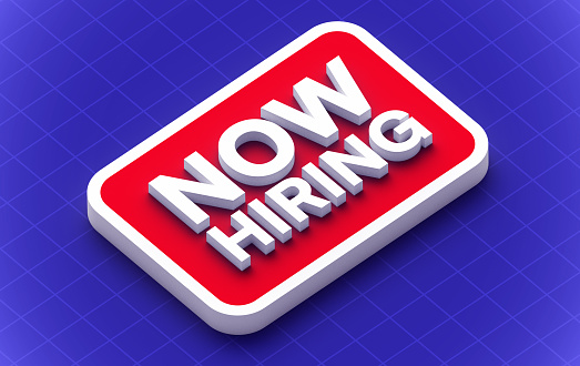 Now Hiring employment job hunting recruitment sign.