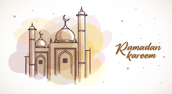 Illustration of Ramadan kareem and Ramadan mubarak. Hand Drawn Sketch of Islamic Mosque. Mosque Hand Drawing ramadan mubarak colorful banner design.