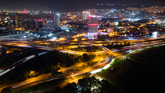 Aerial view of traffic of Izmir City at night, long exposure of traffic