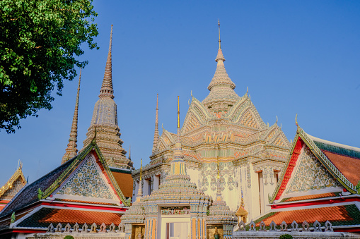Grand Entrance to Phra Mondop at Wat Pho Temple at Dusk Sunlight