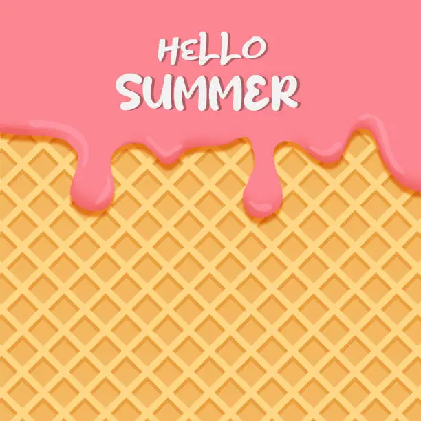Vector illustration of Pink ice cream HELLO SUMMER background. Vector illustration. Postcard