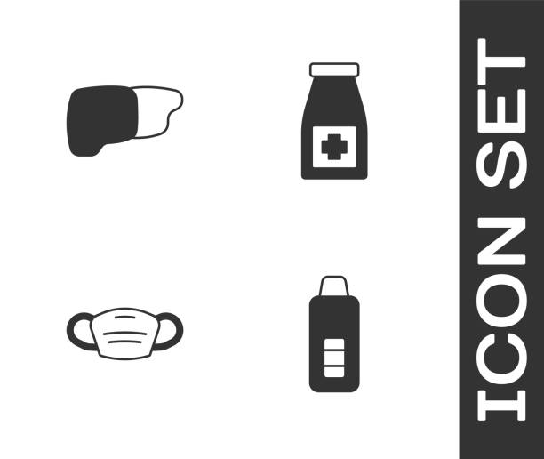 ilustrações de stock, clip art, desenhos animados e ícones de set digital thermometer, human organ liver, medical protective mask and medicine bottle and pills icon. vector - animal internal organ