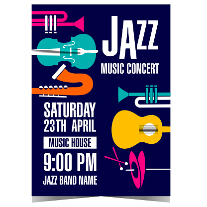 Jazz music concert template with colourful musical instruments on black background, such as saxophone, trumpet, guitar, cello and hi-hat. Suitable for poster, invitation, flyer or banner design.