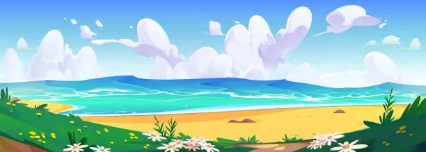 Vector illustration of Summer cartoon sand sea beach shore and blue sky