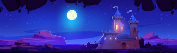 Vector illustration of Night castle against mountain valley landscape