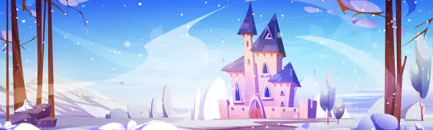 Vector illustration of Winter landscape with fairytale royal castle