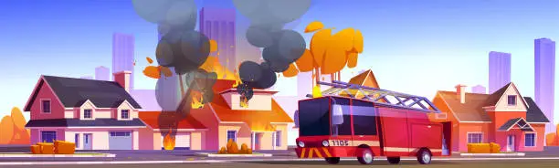 Vector illustration of Fire in city building and truck to rescue cartoon