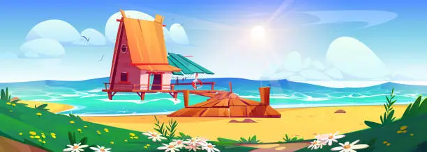 Vector illustration of House on stilt with pier near beach in summer