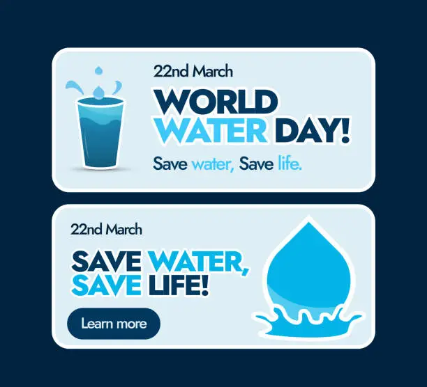 Vector illustration of World Water Day. March 22, World Water Day two different labels, stickers, emblem, icons designs. Save water, save life. Water for peace theme banner. Social media Facebook Vector Stock illustration