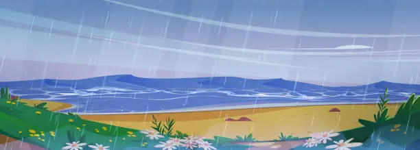 Vector illustration of Rainy weather on summer beach