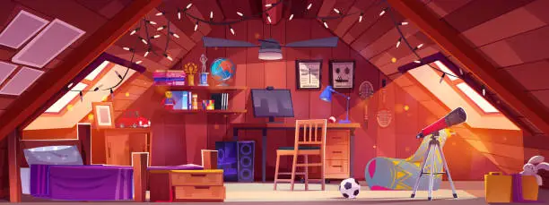 Vector illustration of Cartoon teenage boy bedroom in attic of house