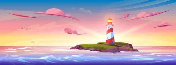Summer sunset or sunrise landscape with lighthouse Summer sunset or sunrise cartoon landscape with lighthouse on rocky coast of island in ocean or sea, yellow and pink gradient sky. Vector panoramic illustration with light beacon tower on cliff. bay cartoon stock illustrations