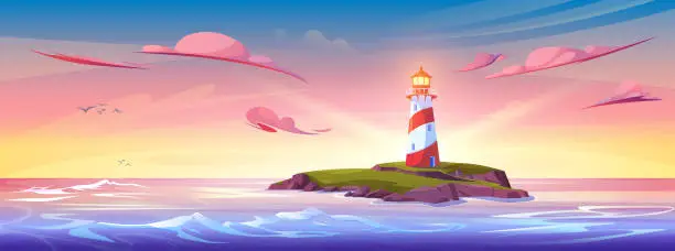 Vector illustration of Summer sunset or sunrise landscape with lighthouse