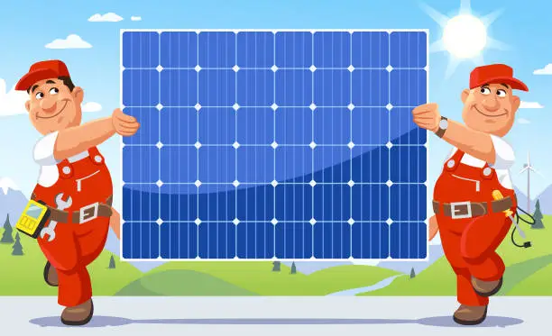 Vector illustration of Two Engineers Carrying A Solar Panel