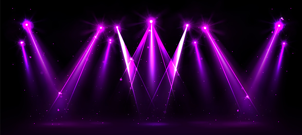Purple spotlight on stage with glowing effect. Realistic vector illustration of concert or show projector lights on black background. Bright lamp beams and rays on entertainment, club or festival.