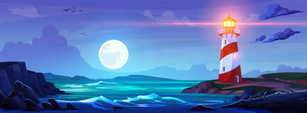 Vector illustration of Summer night cartoon landscape with lighthouse
