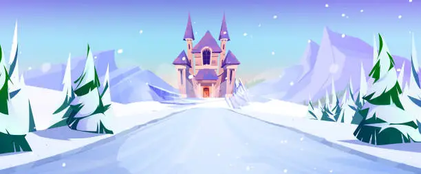 Vector illustration of Winter frozen road to magic castle background