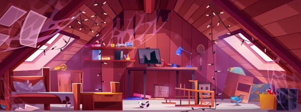 Messy and abandoned teenage boy bedroom in attic Cartoon messy and abandoned teenage boy bedroom in attic of house with damaged furniture and accessories for active sports. Vector dirty junk room with crashed bed and chair, garbage and cobweb. interior of old house garret stock illustrations