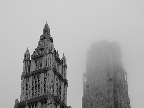 New York, VS - 28 December 2019: Monochromatic image of the Woolworth building and 99 Church Street.