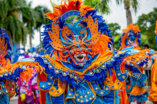 Punta Cana, Dominican Republic - February 03, 2024: Annual carnival in Punta Cana. The annual costumed procession of participants from different regions of the Dominican Republic. Each costumed group represents a separate region. Carnival is usually held in February in several cities of the Dominican Republic. In 2024, the carnival was held in the city of Punta Cana on February 03.