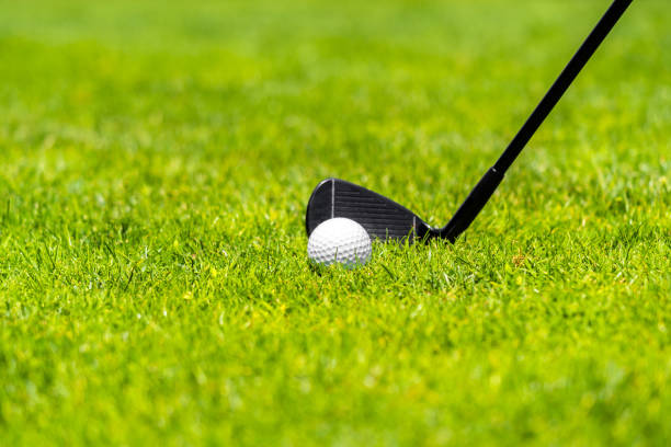 istock Golf iron club ready to hit a ball on green grass on golf course 2000326763