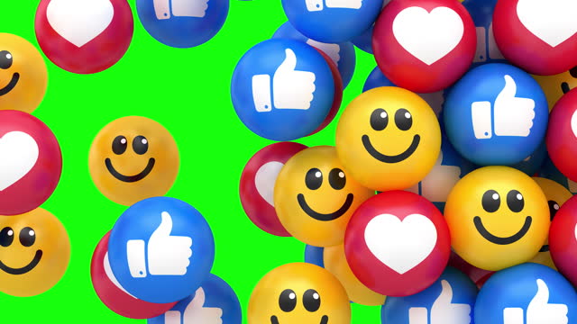 Seamless loop. Social media Live style animated icon on white background. Love heart, smile face and thumbs up symbols. Live stream.  Green screen chroma key and luma key included