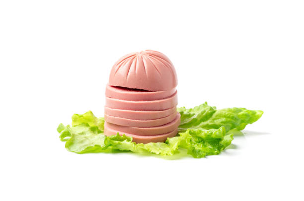 Mortadella Slice Isolated, Luncheon Meat Cut, Chicken Ham, Boiled Sausage for Breakfast, Mortadella Slices on White Background