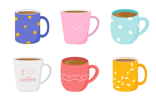 Collection of beautiful cups with coffee. Coffee cups with different designs. Vector illustration in flat style. Isolated on a white background.