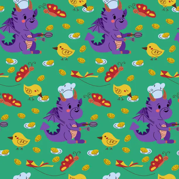 Vector illustration of Dragon cooking pancakes seamless pattern