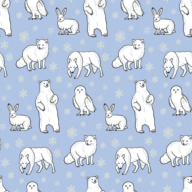 Vector illustration of Flat arctic animals and birds seamless pattern