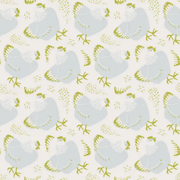 Vector illustration of Seamless chicken pattern. Hen repeat pattern. Spring, Easter concept. Hand drawn textured chicken print for textile, paper design.