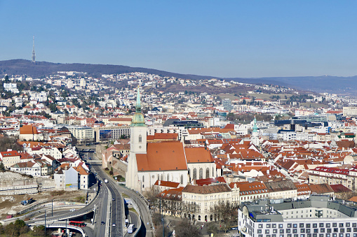 The Kamzik TV tower stands on the hill at the left in this Old Town Bratislava scene featuring St. Martin's Cathedral in the center.