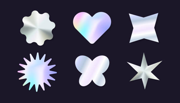 istock Holographic y2k future metal badge, stamp, trndy coloded sticker set heart and abstract shapes. Silver foil tag collection. Vector illustration 2000395500