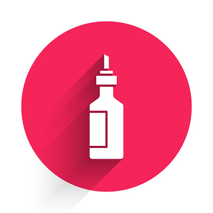 White Bottle of olive oil icon isolated with long shadow. Jug with olive oil icon. Red circle button. Vector.