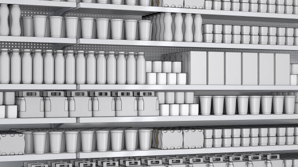istock Supermarket shelves mockup with blank dairy products 2000406640