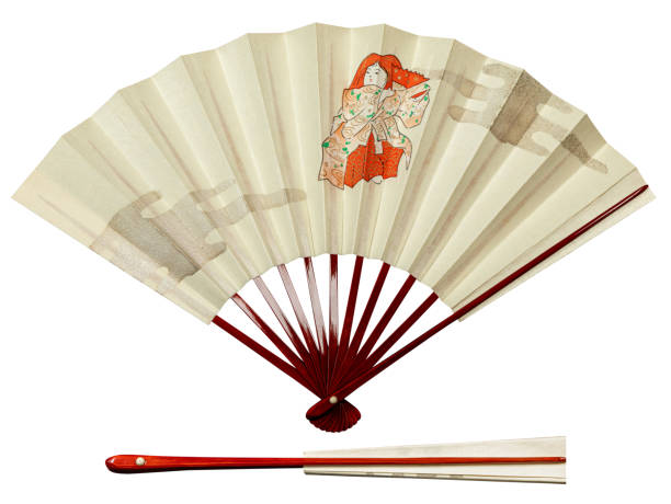 japanese traditional vintage hand fan from paper and bamboo with red ornament, isolated on white - flabellum imagens e fotografias de stock