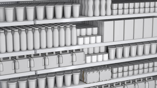 istock Retail shelves mockup with blank dairy products 2000408192