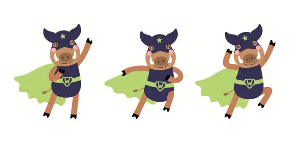 Vector illustration of Cute funny wild boar superhero in mask set