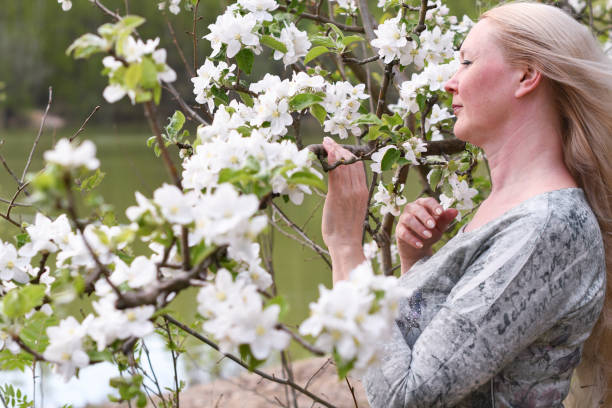 istock middel aged woman stands in the park next to a flowering tree, Spring time 2000429410