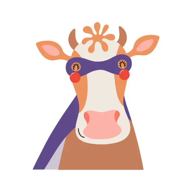 Vector illustration of Cute funny cow superhero in costume cartoon character illustration.