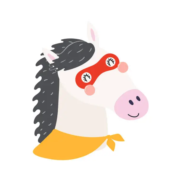 Vector illustration of Cute funny horse superhero face in mask cartoon character illustration.